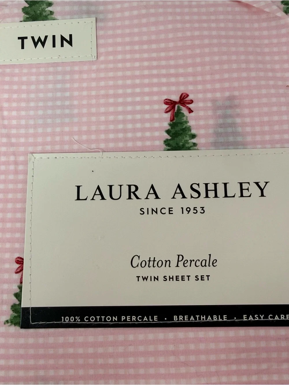 Laura Ashley Twin Size Cotton Percale Sheet Set Christmas Trees Bows Pink NWT